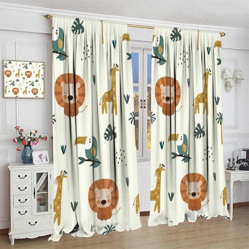 JanJCurt Cute Lion Window Curtains for Kids Bedroom,Cartoon Woodland Jungle Forest Wildlife Little Lion Giraffe Owl Palm Tree Printed Pattern Blackout Drapes for Living Room Baby Nursery Room 42x45 Inch - Image 4